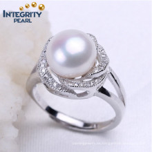 Anillos de perlas blancas real de agua dulce anillo de perlas 9-10mm forma de botón de diseño simple anillo de perlas 925